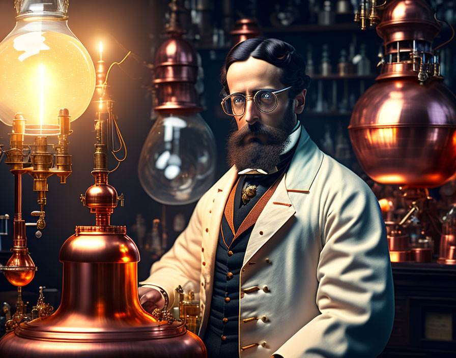 Vintage-style illustration: Bearded scientist in lab coat with brass equipment