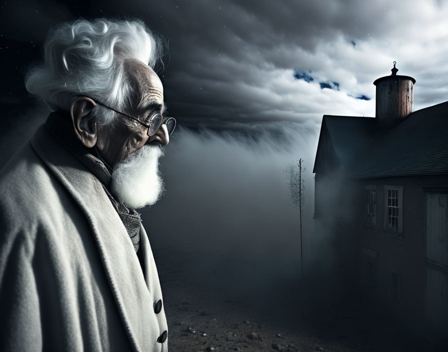 Elderly man in coat and glasses gazes under moody sky by isolated house