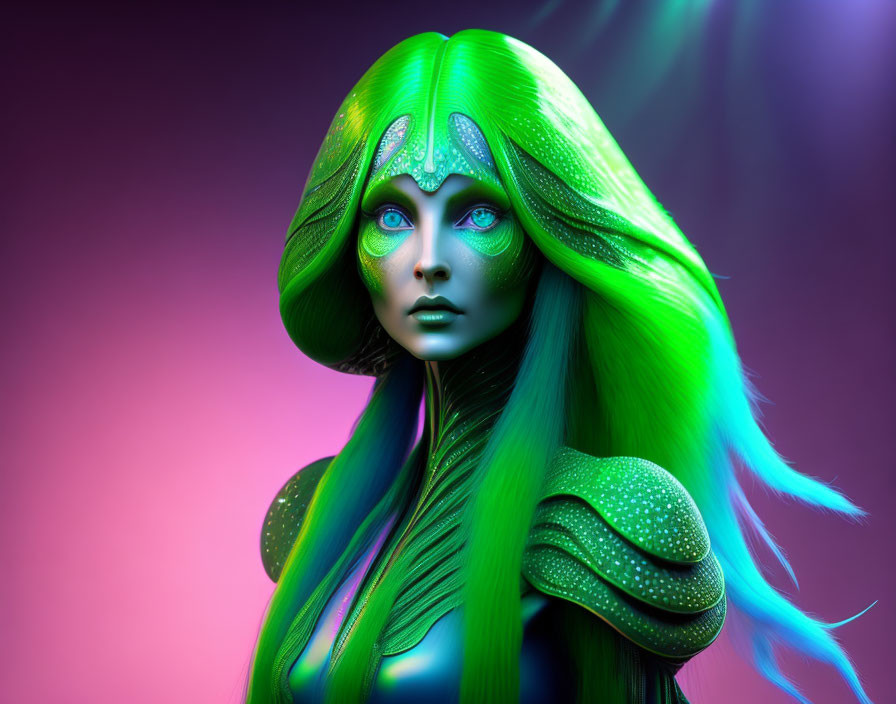 Colorful 3D female figure with green hair and blue skin on textured clothing against gradient background