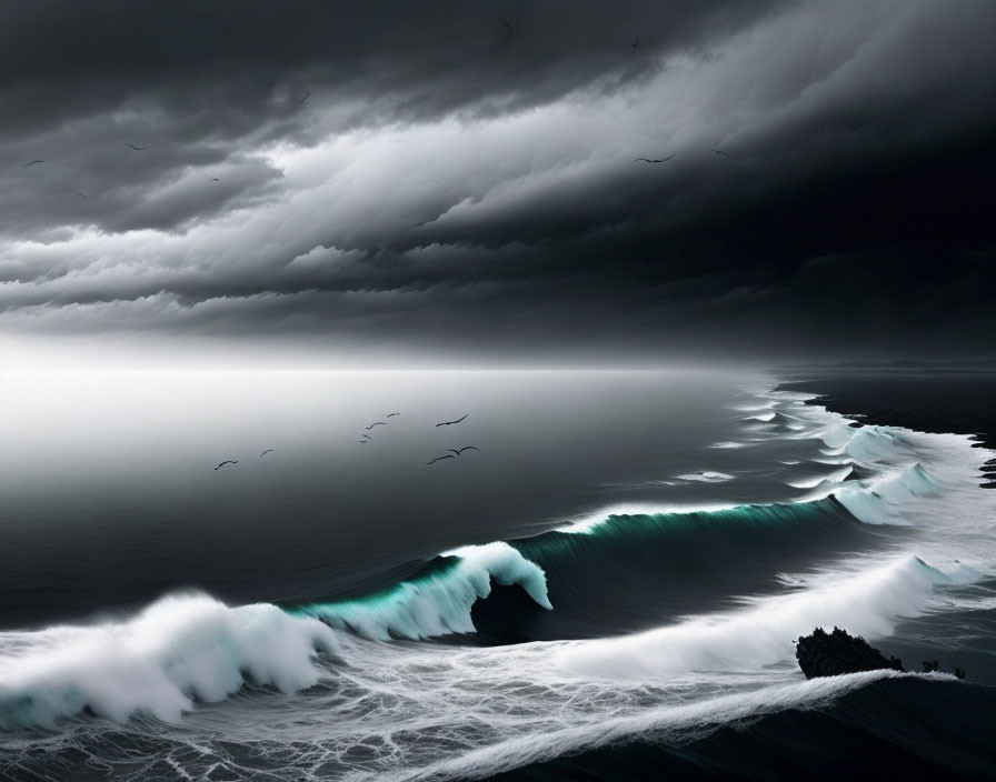 Stormy Seascape with Towering Waves and Birds in Dramatic Sky