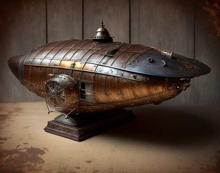 Steampunk-style model submarine with metallic textures, gears, and rivets on display