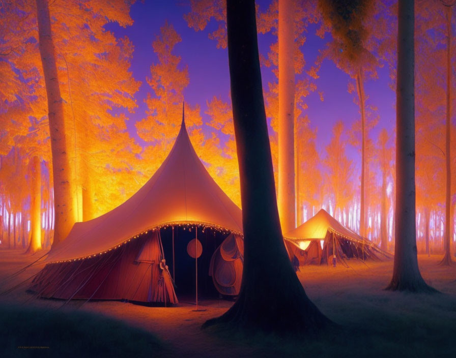 Twilight scene with illuminated canvas tents among glowing trees