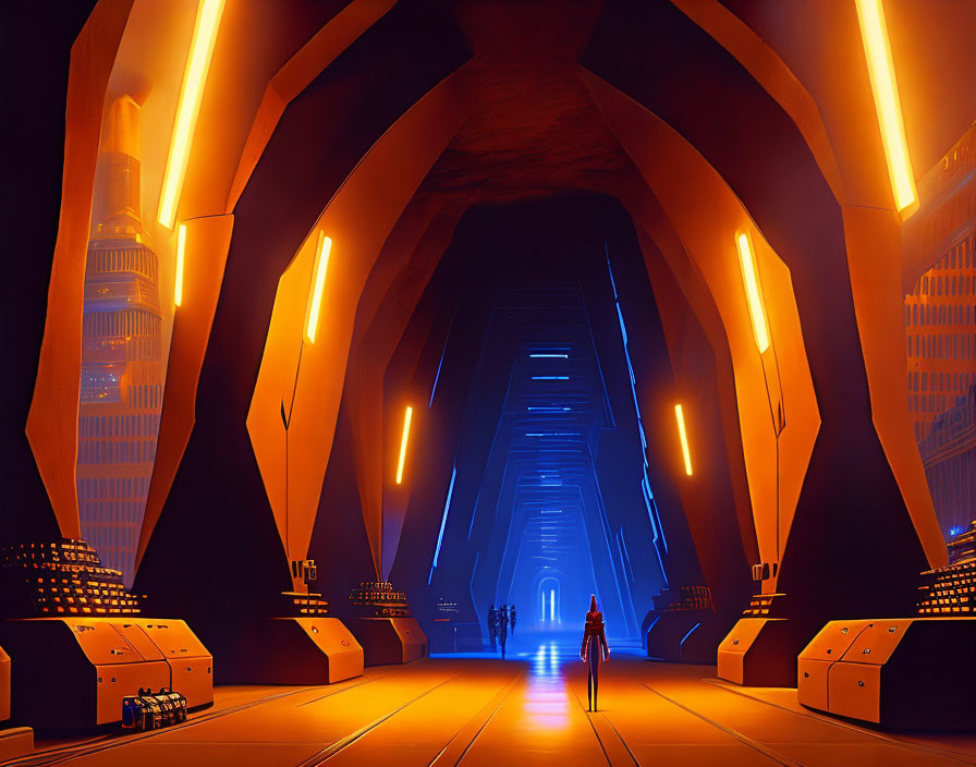 Futuristic corridor with orange and blue lighting and silhouettes