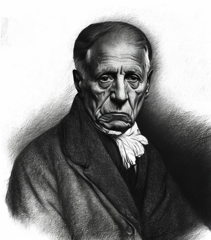 Detailed black and white sketch of elderly man with deep-set eyes and sorrowful expression wearing dark coat and