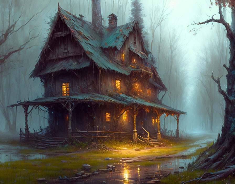 Fantasy cottage in foggy forest with glowing windows