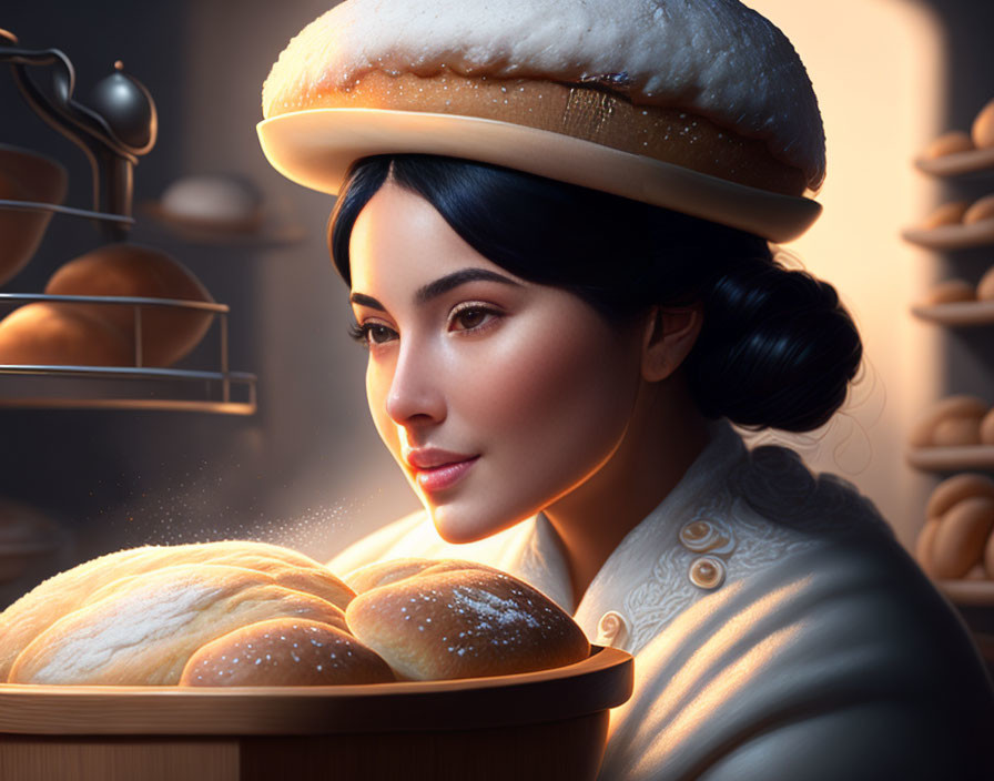 Digital artwork: Woman with bread hat in cozy bakery setting