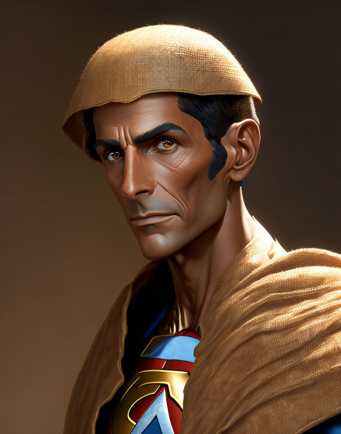 Male Figure in Beige Beret, Blue Superhero Costume, and Brown Cloak