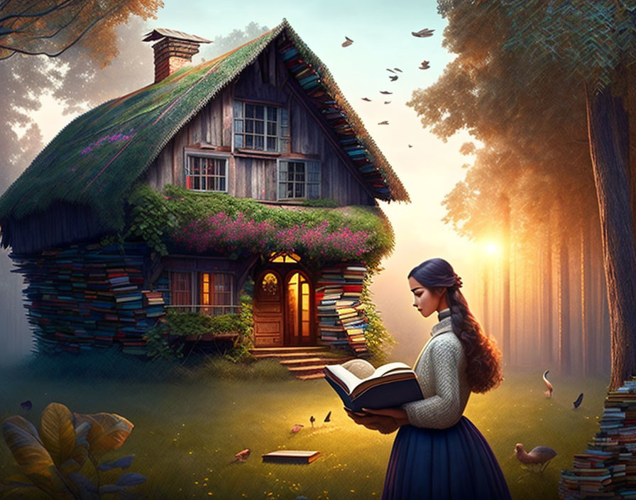 Woman reading book in magical forest clearing by unique house with books, sunset glow.