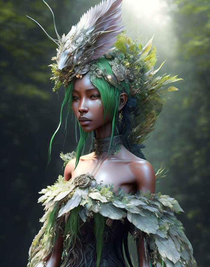 Green-skinned fantasy character with feathered headdress in forest light