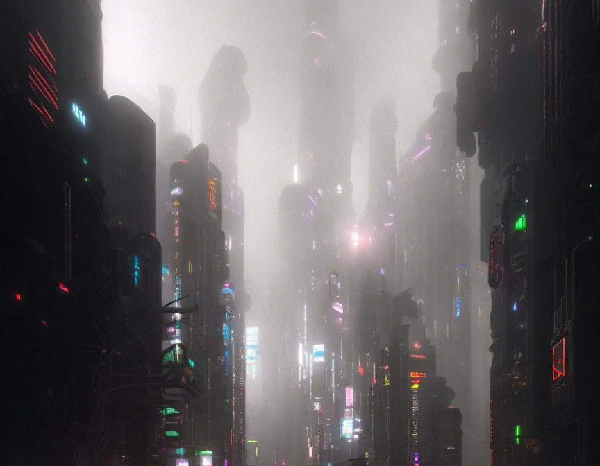 Foggy cyberpunk cityscape: towering skyscrapers, neon lights