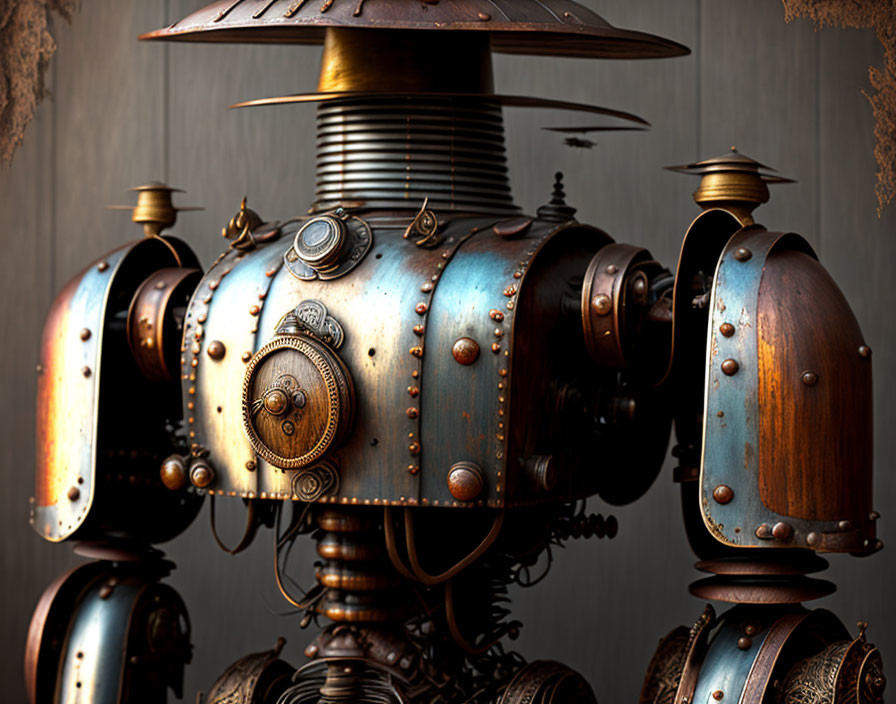 Detailed Steampunk Robot with Metallic Textures and Vintage Clock