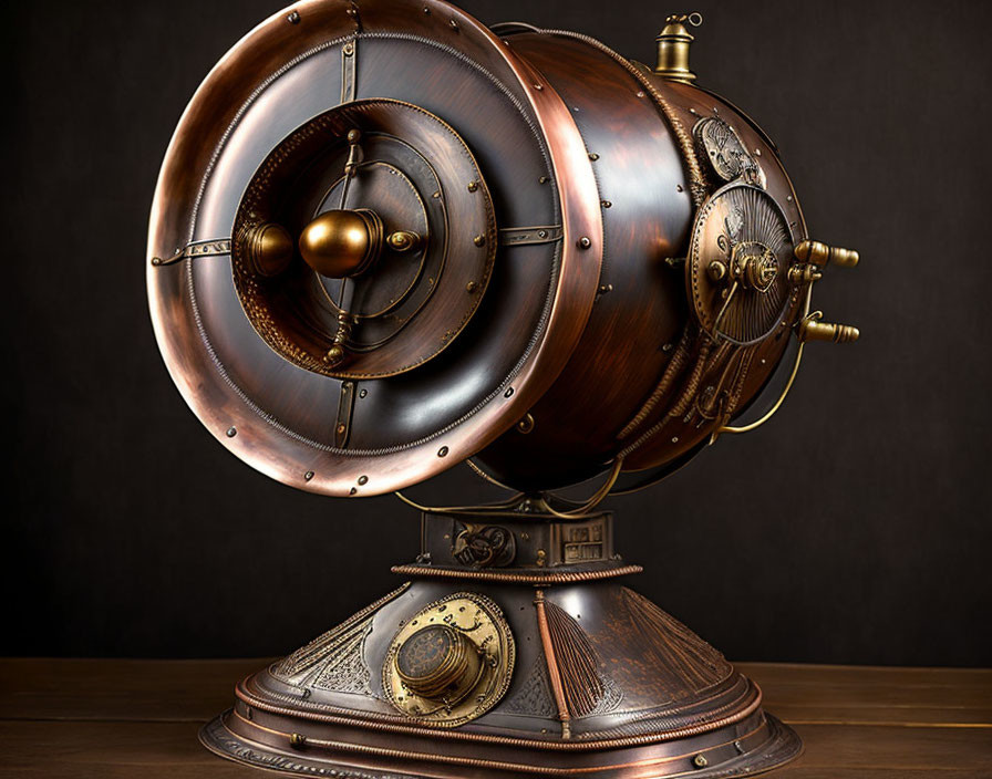 Steampunk-style brass and copper device with gears, dials, and spherical elements on stand