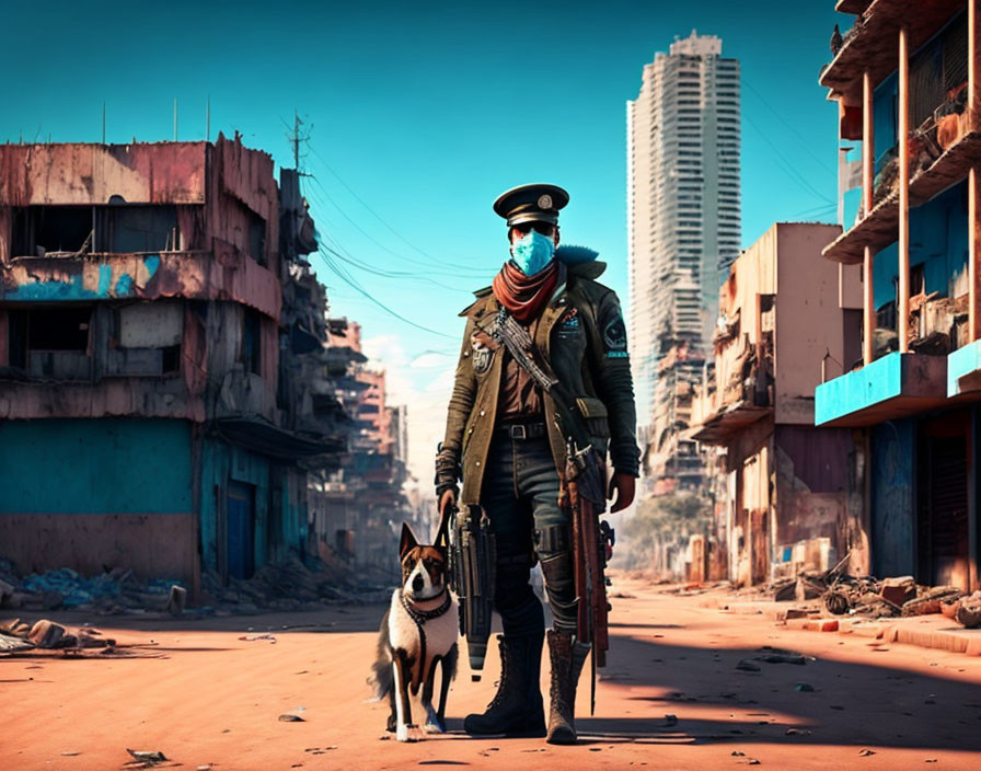 Uniformed person walks dog in post-apocalyptic street