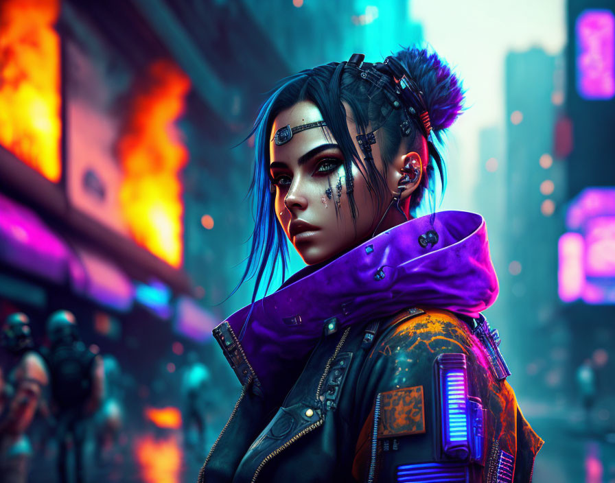 Futuristic cyberpunk digital art of woman in neon cityscape