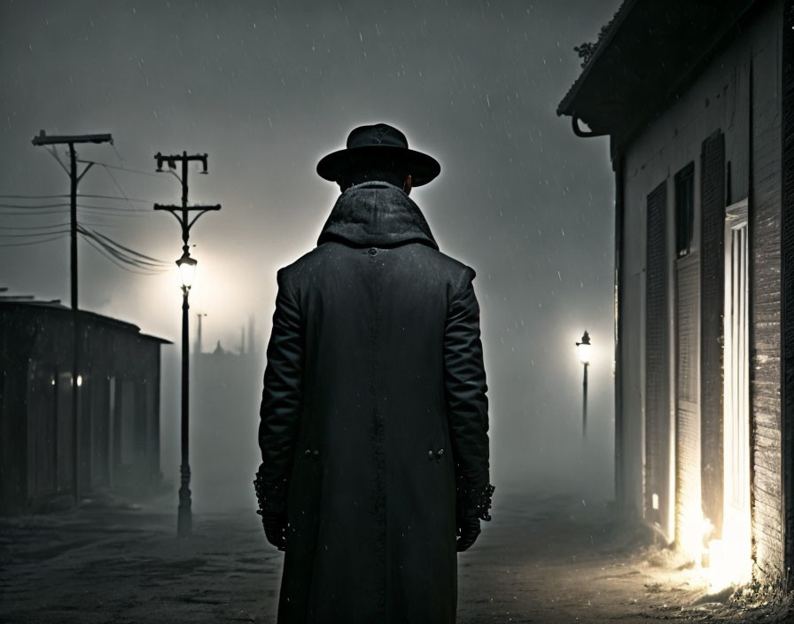 Person in long coat and hat on foggy night street with vintage streetlamps.