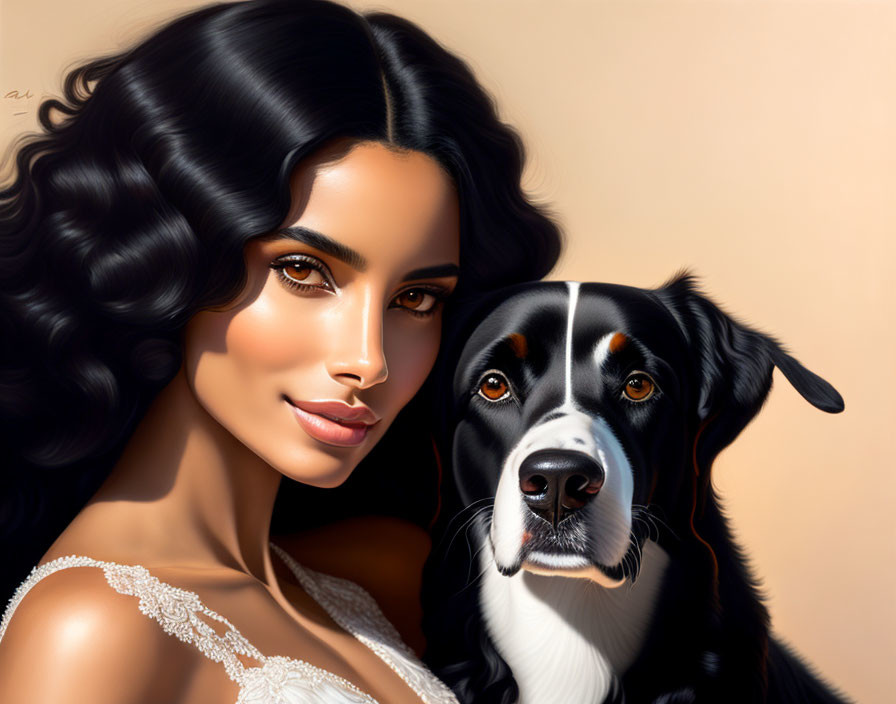 Woman with Wavy Dark Hair Poses Closely with Black and White Dog