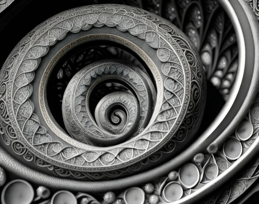 Intricate Spiral Fractal Image with Metallic Ornate Carvings