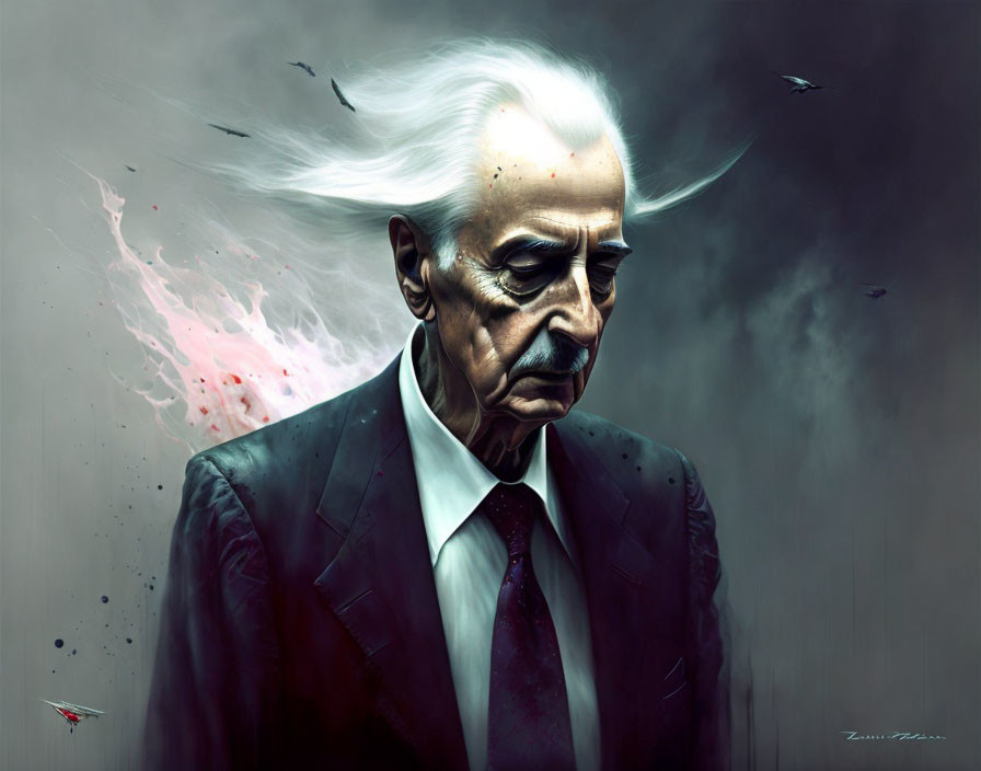 Elderly man illustration in dark suit with surreal background.