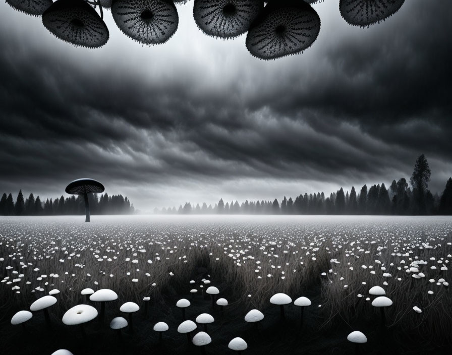 Surreal landscape with oversized dandelions under stormy sky