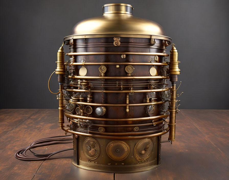 Vintage Steampunk-Style Brass and Wooden Device with Dials, Gears, and Tubes