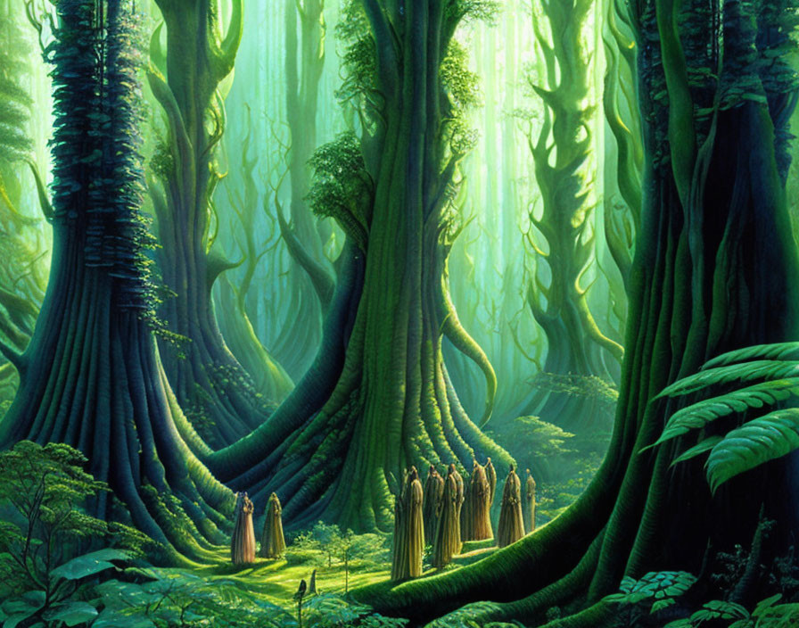 Mystical Green Forest with Towering Trees and Robed Figures