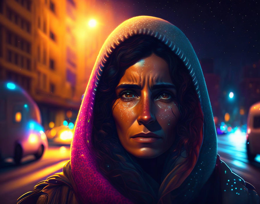 Hooded woman gazes amid glowing city lights & starry sky