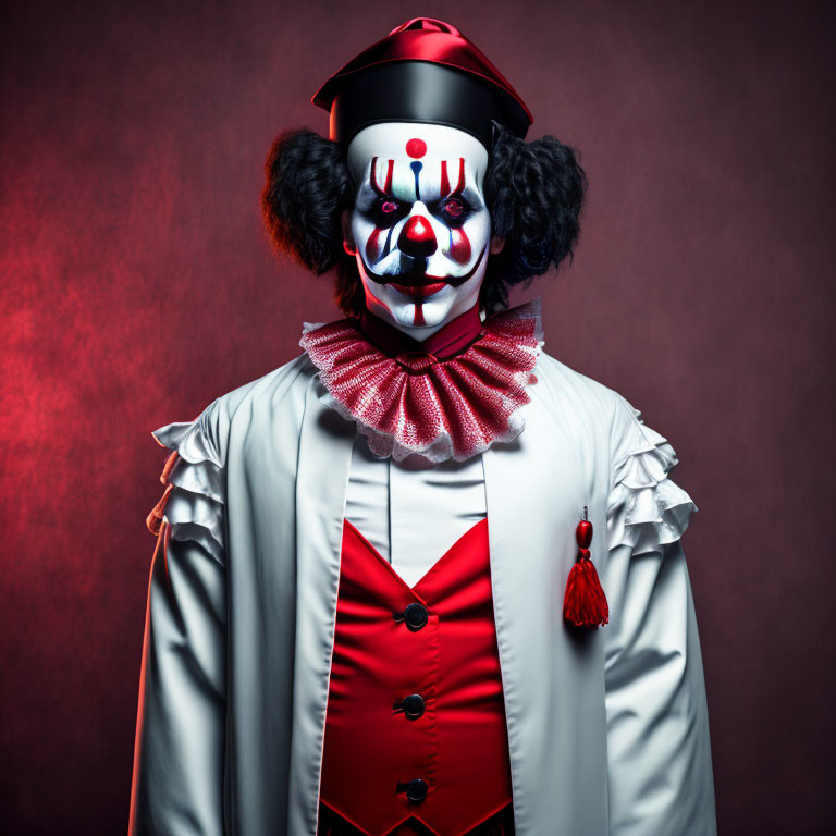 Clown costume with white face paint and red nose on red background