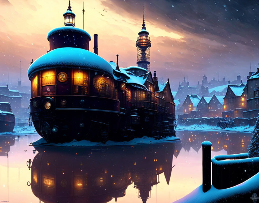 Snow-covered train reflects on water in winter village twilight.