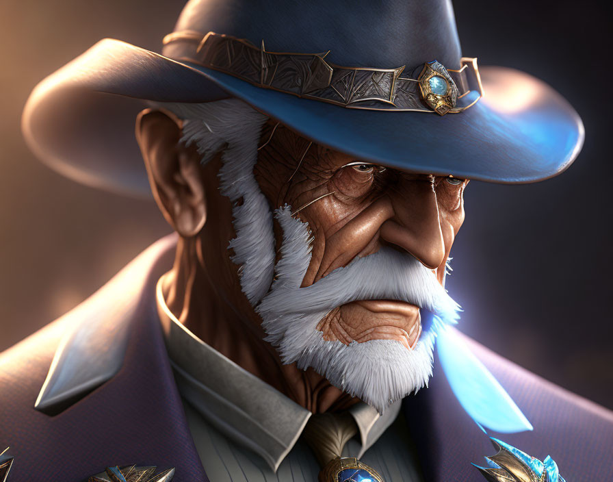 Elderly man with stern expression in blue cowboy hat and gemstone accents