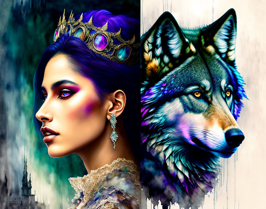 Regal woman with crown beside colorful majestic wolf