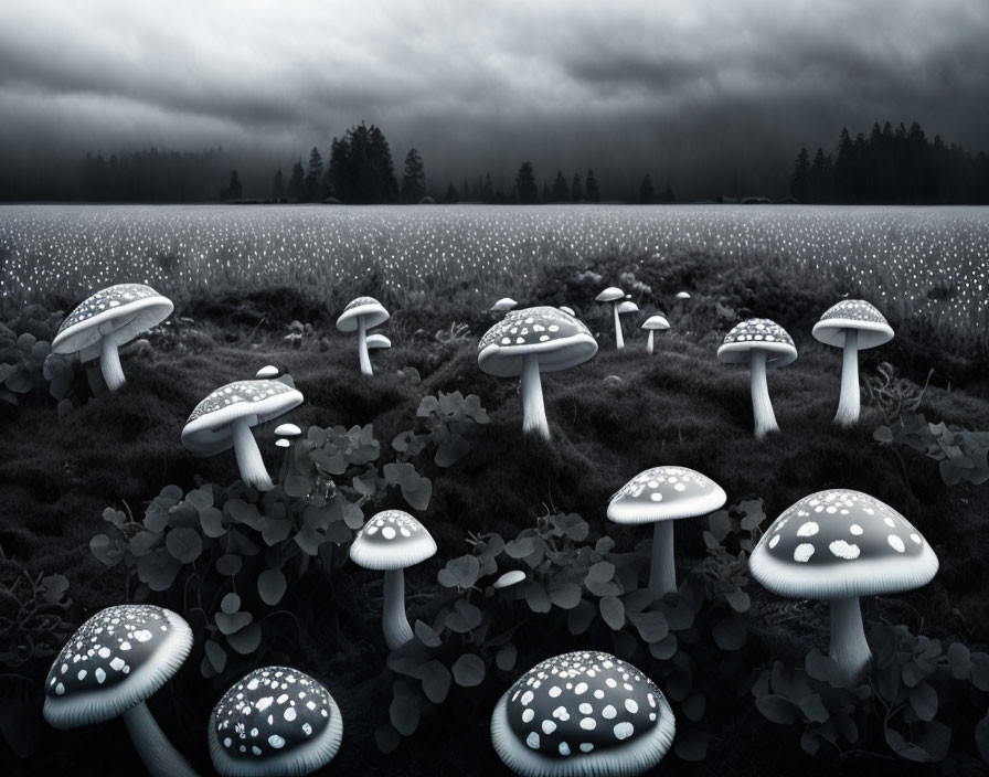 Surreal black and white field with oversized mushrooms under a gloomy sky