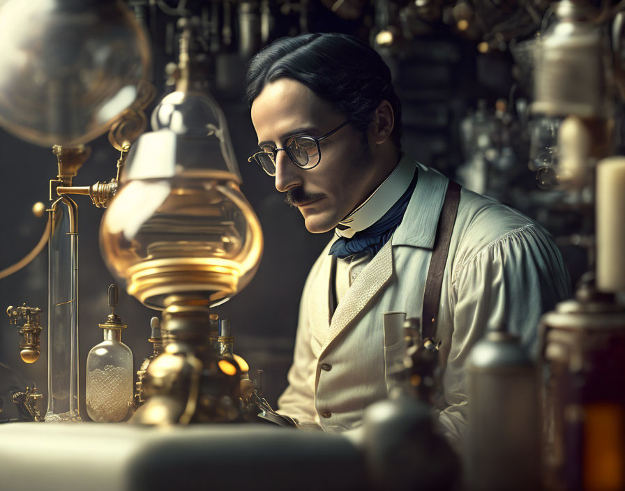 Man in glasses and bow tie conducts experiment in vintage laboratory.