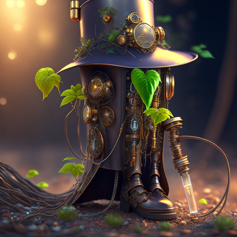 Steampunk-inspired top hat and boots with gears in enchanted forest.