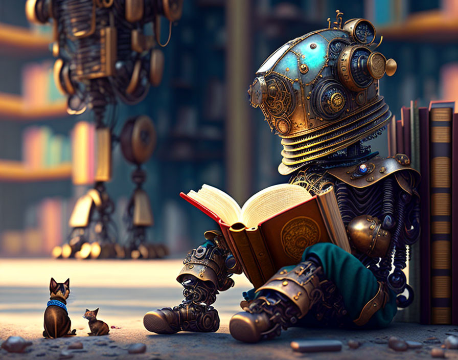 Steampunk robot reading book with kitten beside shelf