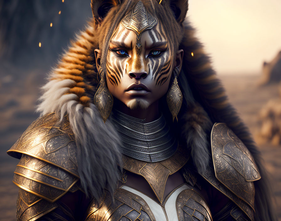 Anthropomorphic tiger warrior in detailed armor on rocky landscape.