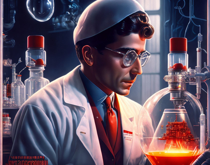 Scientist in lab with glassware, futuristic machinery, white coat, goggles, and tie.