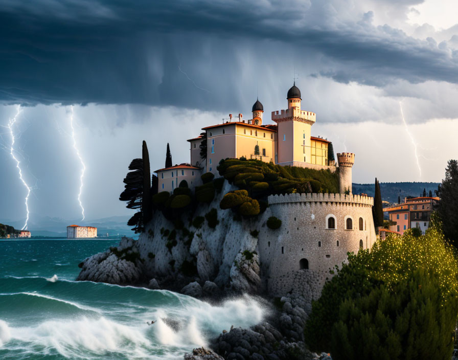 Coastal castle on cliff in stormy sky with lightning bolts, agitated sea waves, lush