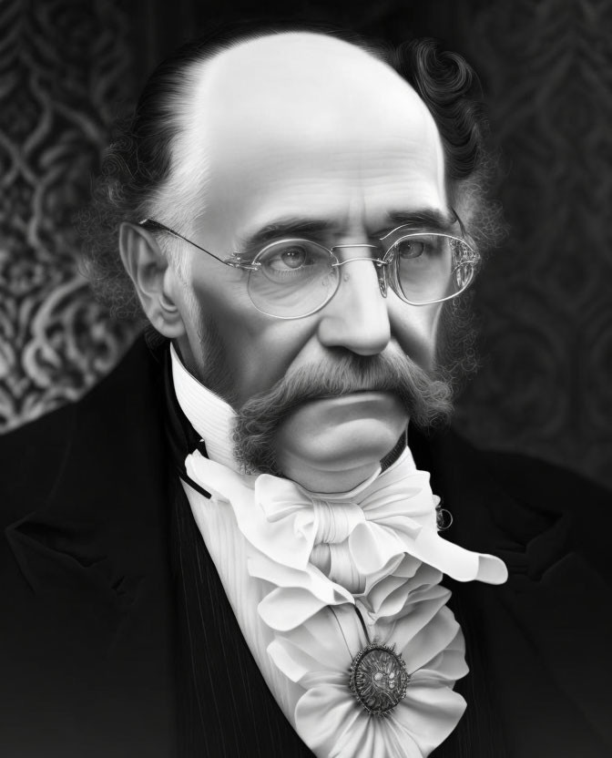 Monochrome portrait of a man with white bow tie and pince-nez glasses