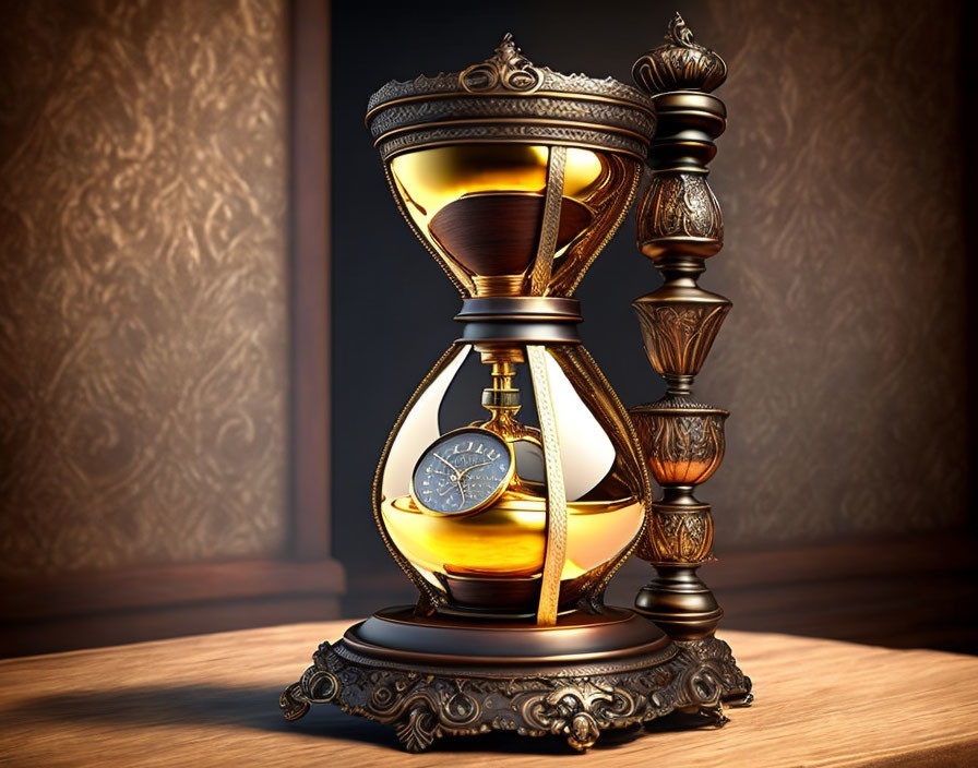 Vintage luxury: Ornate hourglass with liquid gold on wooden backdrop