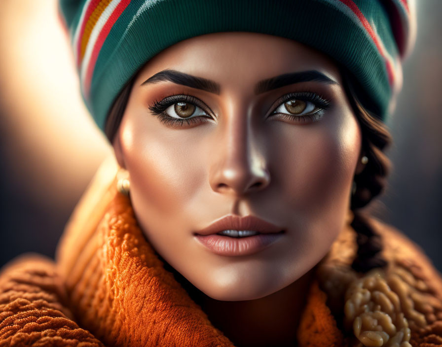 Vibrant close-up portrait of a person with striking eyes wearing colorful beanie and orange scarf