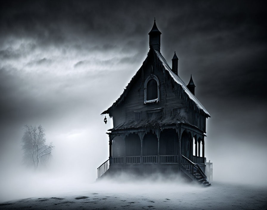 Victorian-style house in mist with leafless tree: eerie ambiance