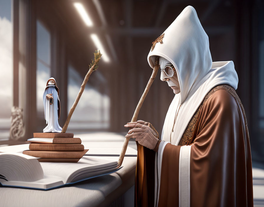 Nun in white habit reading book with Virgin Mary statue in room.