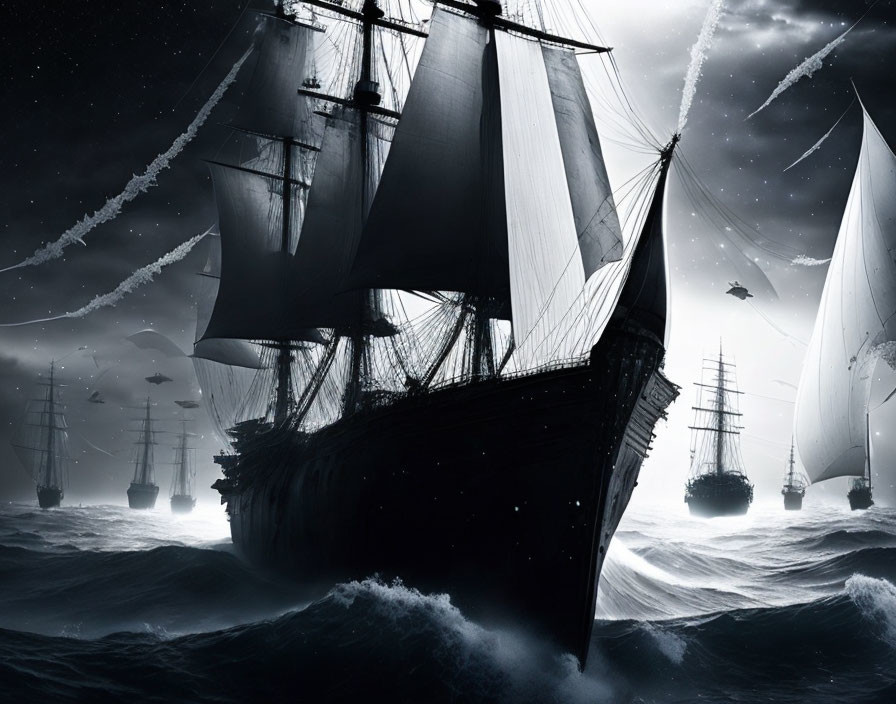 Old sailing ships in stormy sea with billowing sails