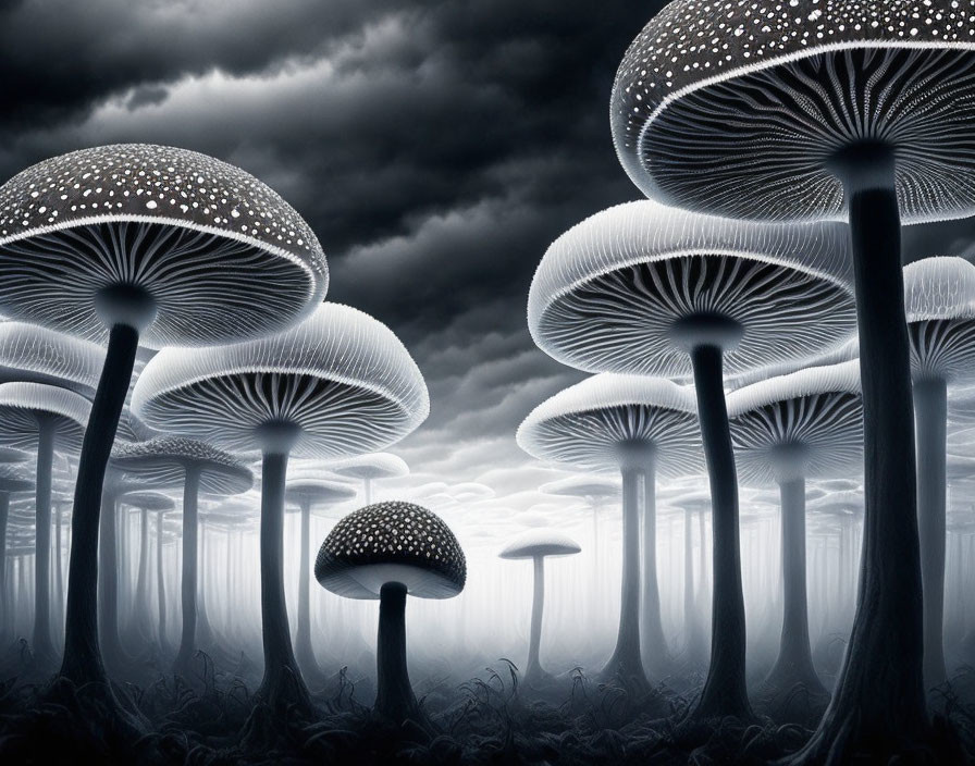 Monochrome fantasy forest with oversized luminescent mushrooms