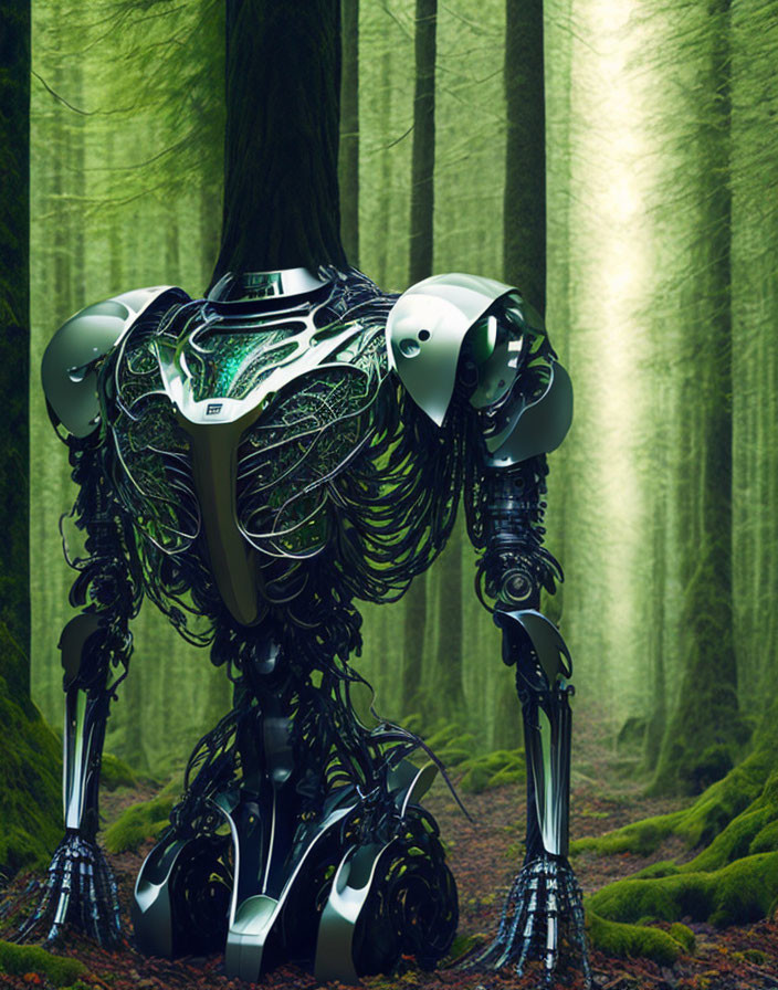 Intricate Black and Silver Humanoid Robot in Misty Forest