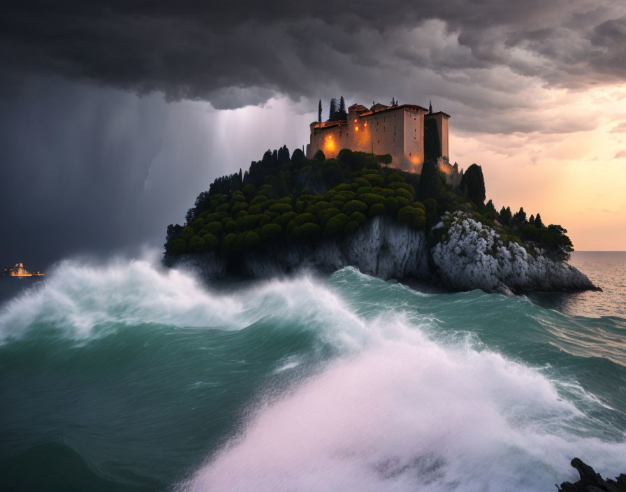 Dramatic seascape with castle on cliff under stormy sky