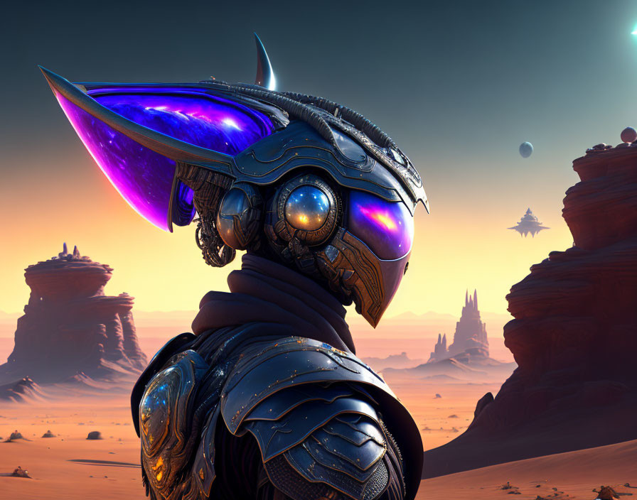 Armored alien with glowing purple visor in desert landscape