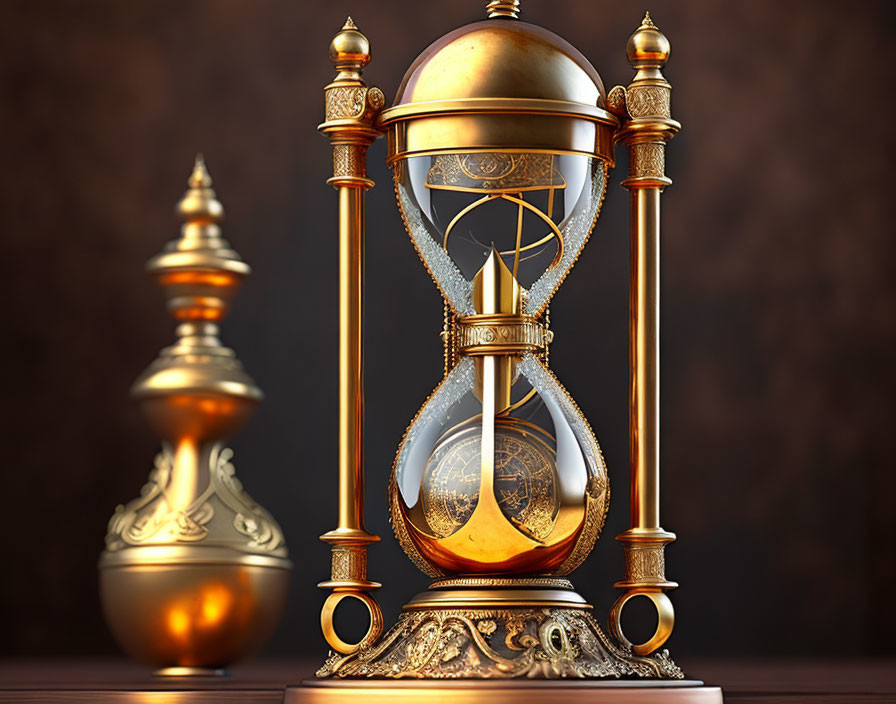 Gold-detailed ornate hourglass with celestial sphere on wooden surface