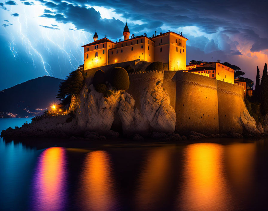 Castle on Cliff: Vibrant Night Thunderstorm with Lightning Reflections