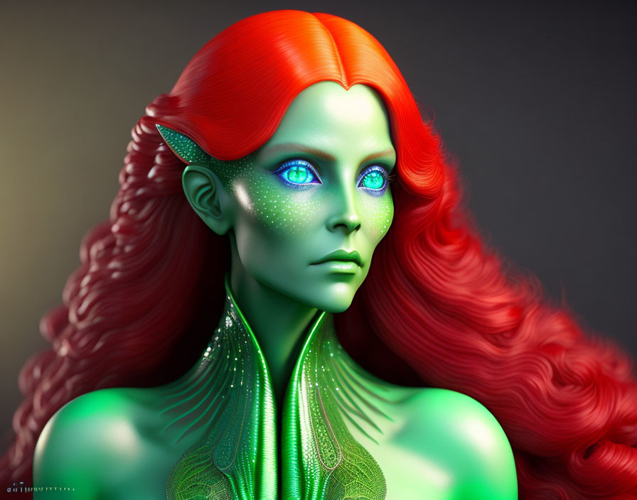 Vibrant illustration of woman with green skin, blue eyes, and red hair